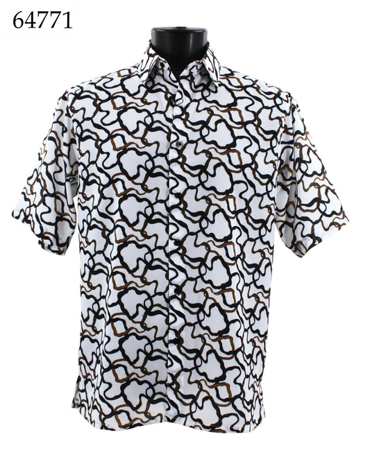 Bassiri's Bassiri Short Sleeve Shirt 64771 features a regular fit with a button-up design and showcases an abstract black and brown pattern on a white background.