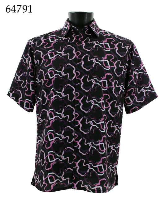 The Bassiri Short Sleeve Shirt (Product ID: 64791) features a regular fit with a purple and black abstract pattern, beautifully displayed on a black mannequin stand.