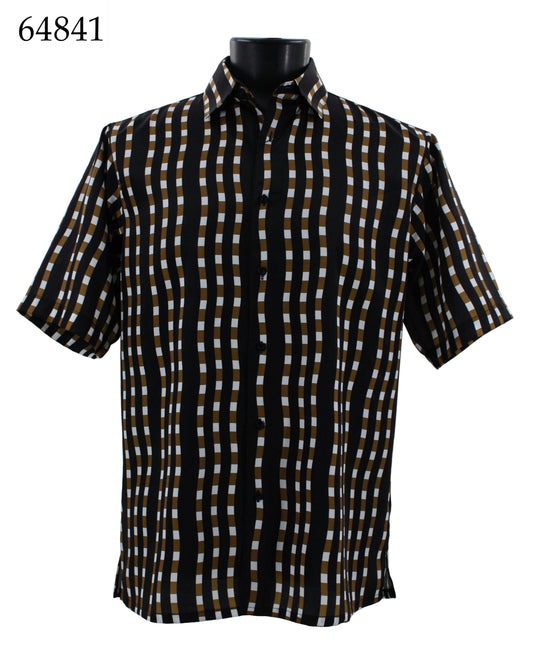 Displayed on a mannequin is the Bassiri Short Sleeve Shirt by Bassiri, showcasing a black, white, and brown checkered pattern. The product code 64841 is shown in the top left corner.