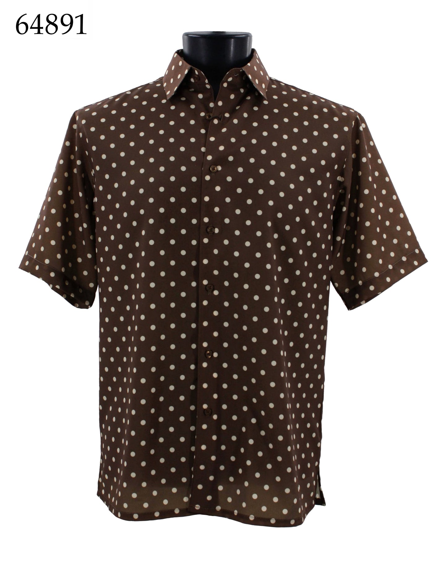 Bassiri's Bassiri Short Sleeve Shirt 64891, featuring a Regular Fit and white polka dots on a brown fabric, is displayed on a mannequin with the item number 64891 visible in the top left corner.
