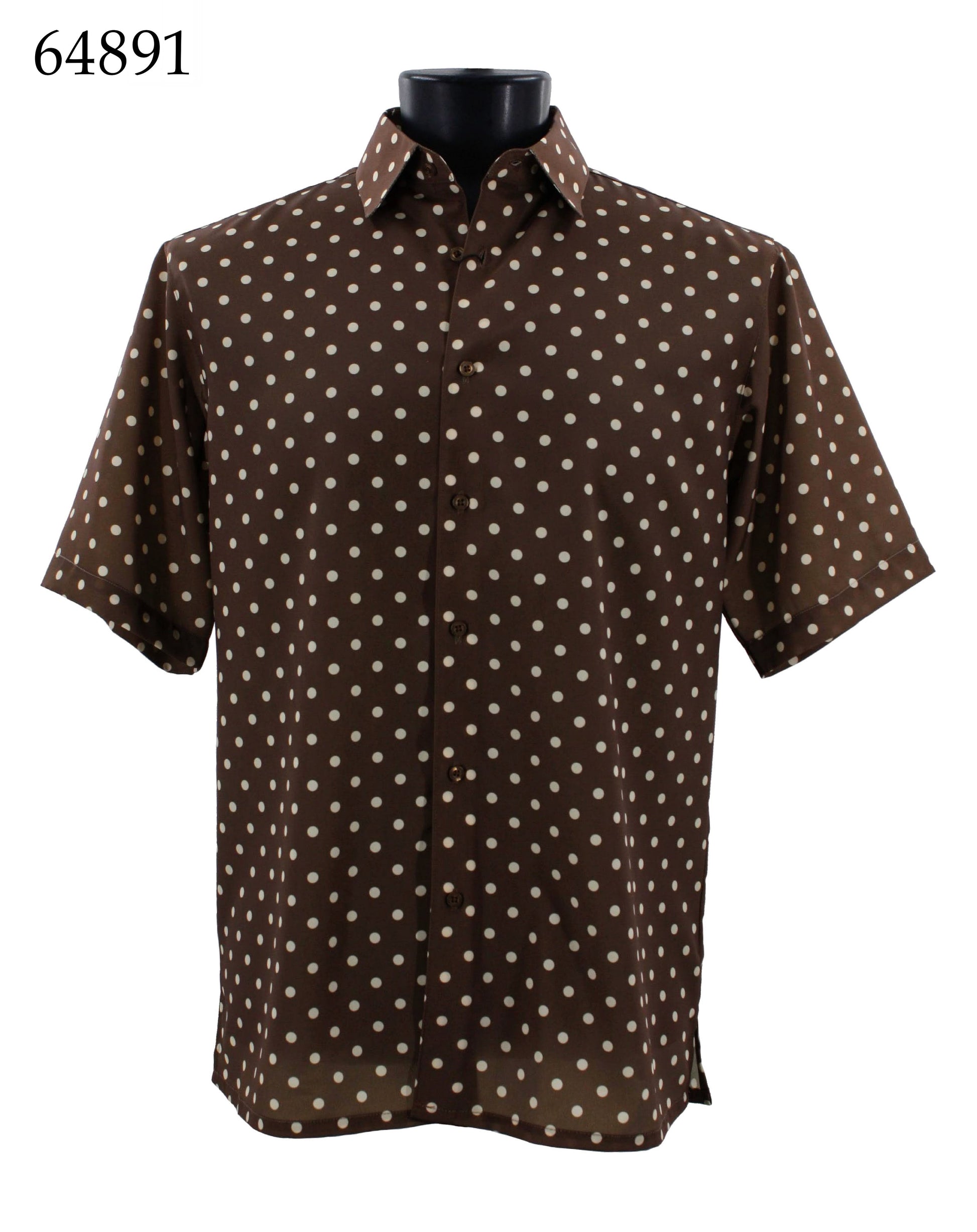 Bassiri's Bassiri Short Sleeve Shirt 64891, featuring a Regular Fit and white polka dots on a brown fabric, is displayed on a mannequin with the item number 64891 visible in the top left corner.