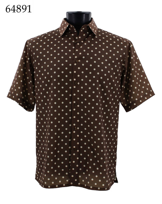 Bassiri's Bassiri Short Sleeve Shirt 64891, featuring a Regular Fit and white polka dots on a brown fabric, is displayed on a mannequin with the item number 64891 visible in the top left corner.