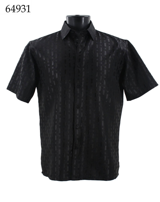 Bassiri Short Sleeve Shirt 64931 by Bassiri, a black regular fit short-sleeve button-up, featuring a textured vertical stripe pattern, displayed on a mannequin.