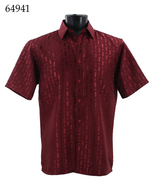 Displayed on a black mannequin torso is the Bassiri Short Sleeve Shirt, featuring a regular fit and geometric pattern in red. The top left corner shows the number 64941.