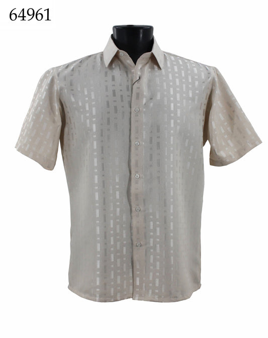 The Bassiri Short Sleeve Shirt 64961, a light-colored regular fit shirt featuring short sleeves and a subtle checkered pattern, is displayed on a black mannequin torso.