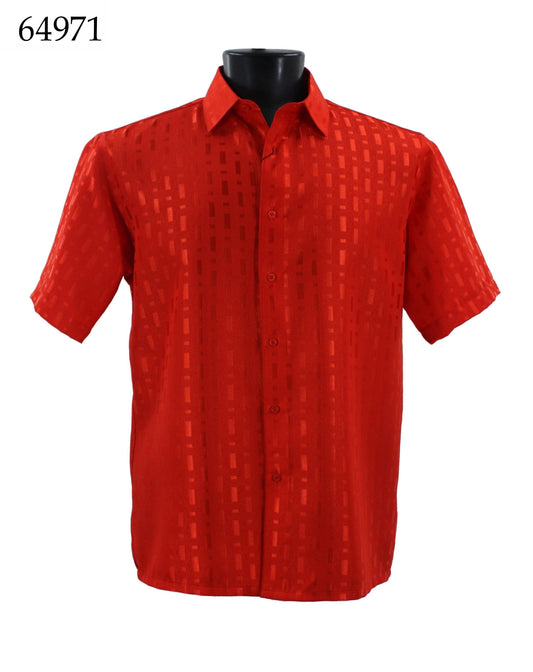 On display is the Bassiri Short Sleeve Shirt (Item 64971), featuring a subtle geometric pattern and a red color. The regular fit design offers both comfort and style.