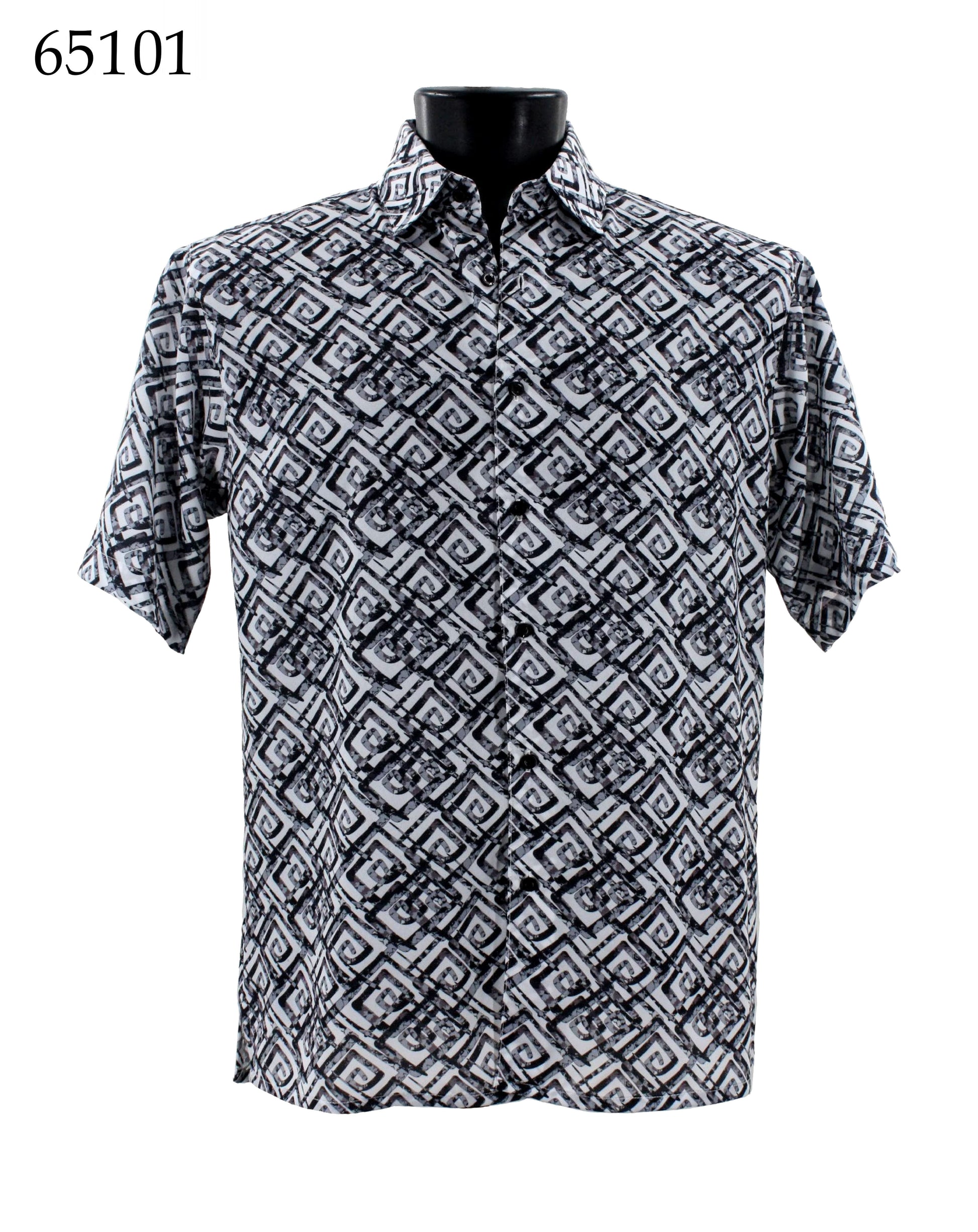 The Bassiri Short Sleeve Shirt 65101, featuring a regular fit and a black and white geometric pattern, is displayed on a black mannequin torso.