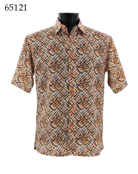 Bassiri Short Sleeve Shirt with a geometric pattern in brown, orange, and white, featuring regular fit. The product code "65121" is displayed in the top left corner.
