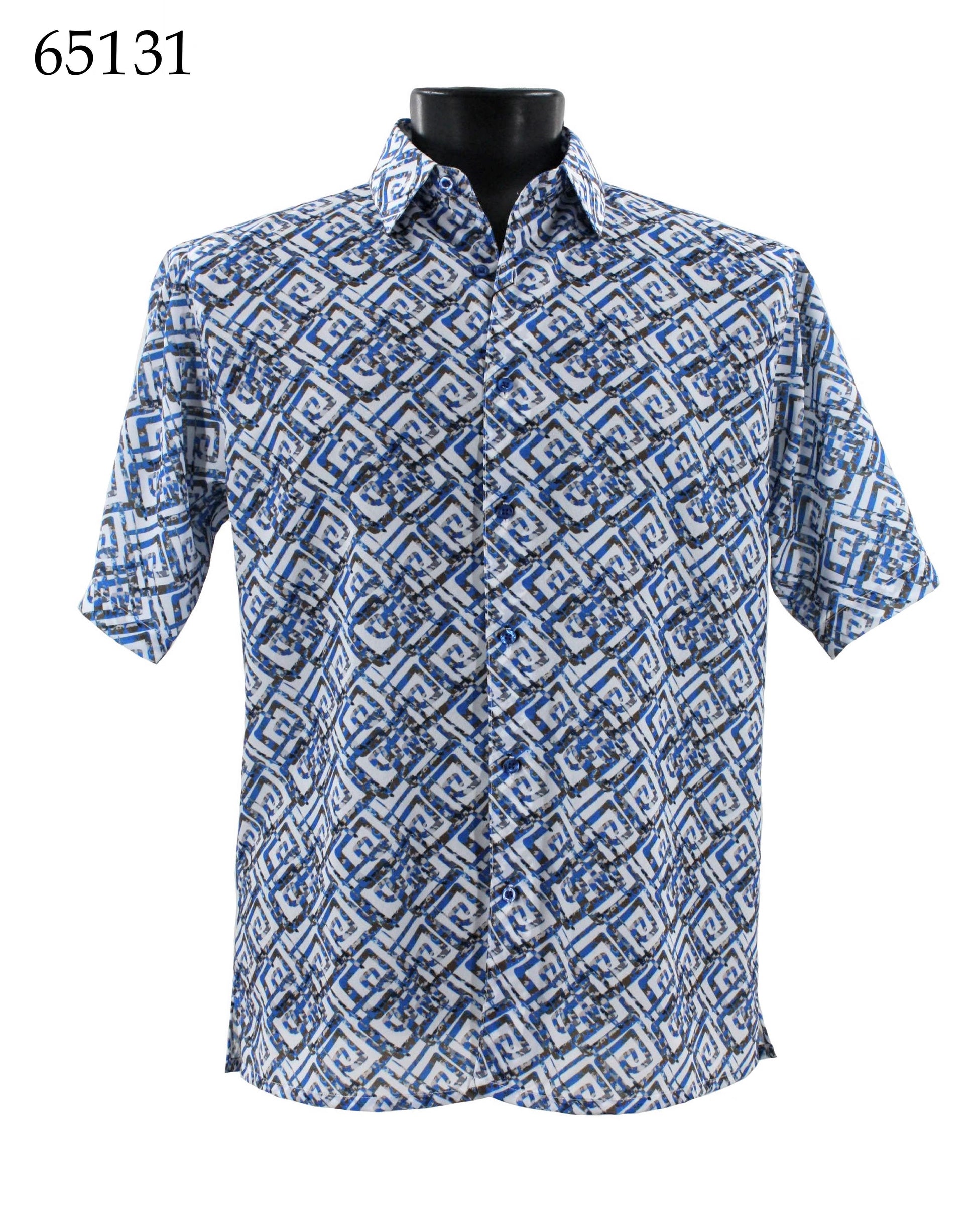 Displayed on a black mannequin torso, the Bassiri Short Sleeve Shirt 65131 features a regular fit with a blue and white pattern.