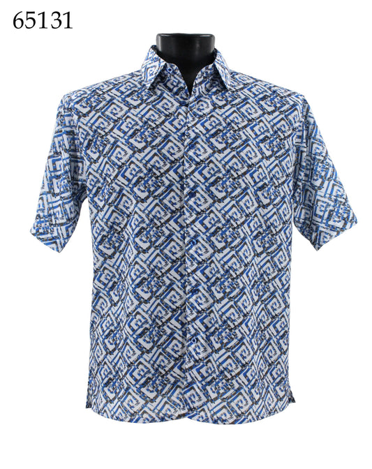 Displayed on a black mannequin torso, the Bassiri Short Sleeve Shirt 65131 features a regular fit with a blue and white pattern.