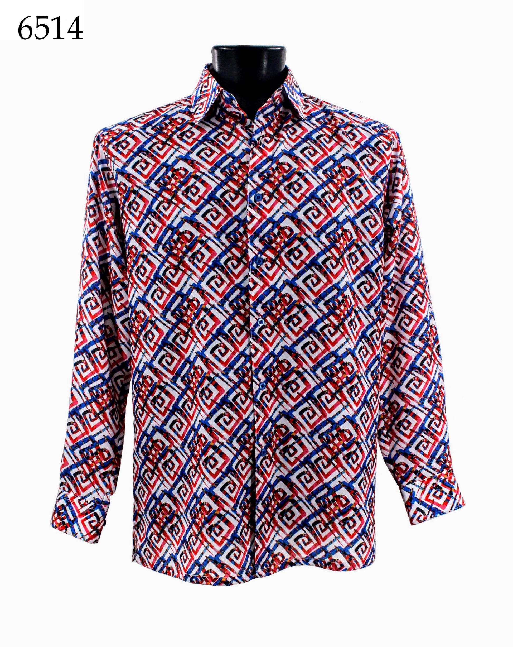 Bassiri Long Sleeve Shirt from the Bassiri brand, featuring a geometric red, white, and blue pattern, is displayed on a black mannequin. The code 6514 is visible in the top left corner.