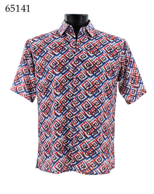 Displayed on a black mannequin is the Bassiri Short Sleeve Shirt 65141 by Bassiri, featuring a Regular Fit with a geometric red, white, and blue pattern. This stylish piece of apparel is perfect for any occasion.