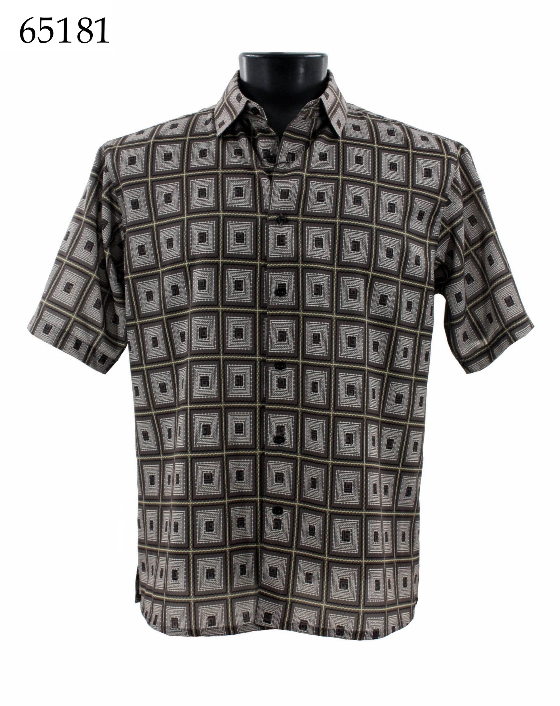 The Bassiri Short Sleeve Shirt 65181 by Bassiri is a regular-fit button-up shirt with short sleeves, showcasing a geometric square pattern in black, gray, and white. It is displayed on a mannequin torso.