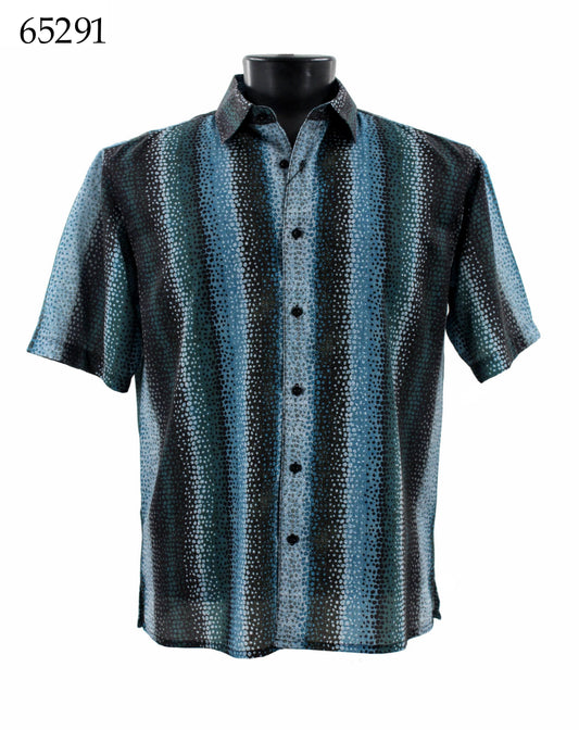 The Bassiri Short Sleeve Shirt, identified by apparel code 65291, is modeled elegantly on a mannequin. It showcases vertical dotted stripes in black, blue, and white, offering a distinctive look for this regular-fit short-sleeve button-up shirt.