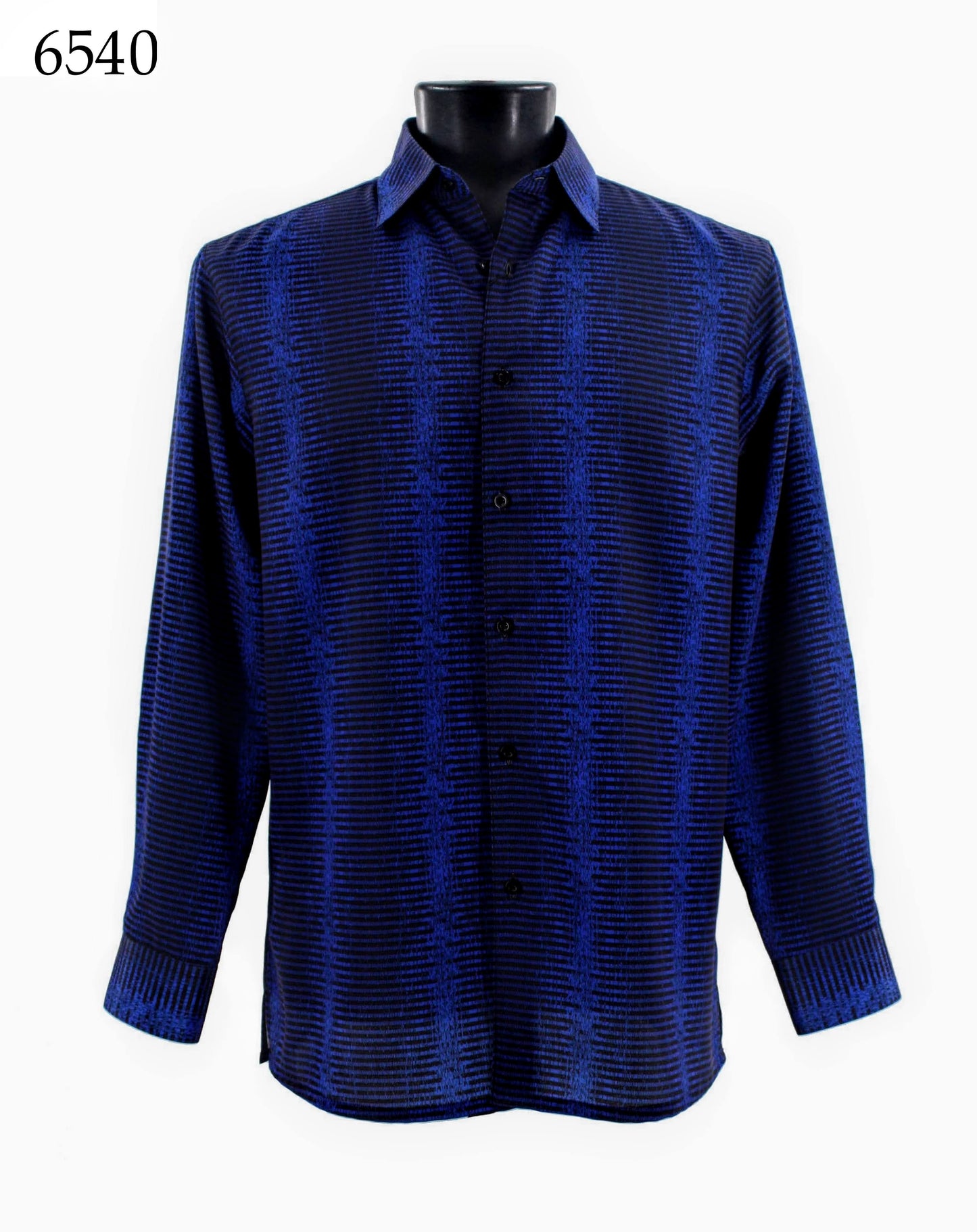 A Bassiri long-sleeve button-up shirt with a blue and black striped pattern is displayed on a mannequin. Item number 6540.