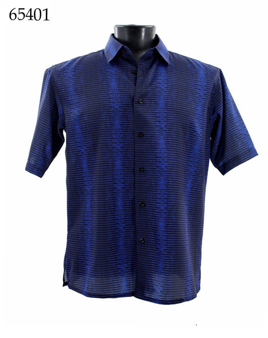 Displayed on a black mannequin torso is the Bassiri Short Sleeve Shirt, featuring a regular fit, short sleeves, and a button-up style in dark blue with a subtle striped pattern. The number "65401" appears in the top left corner.