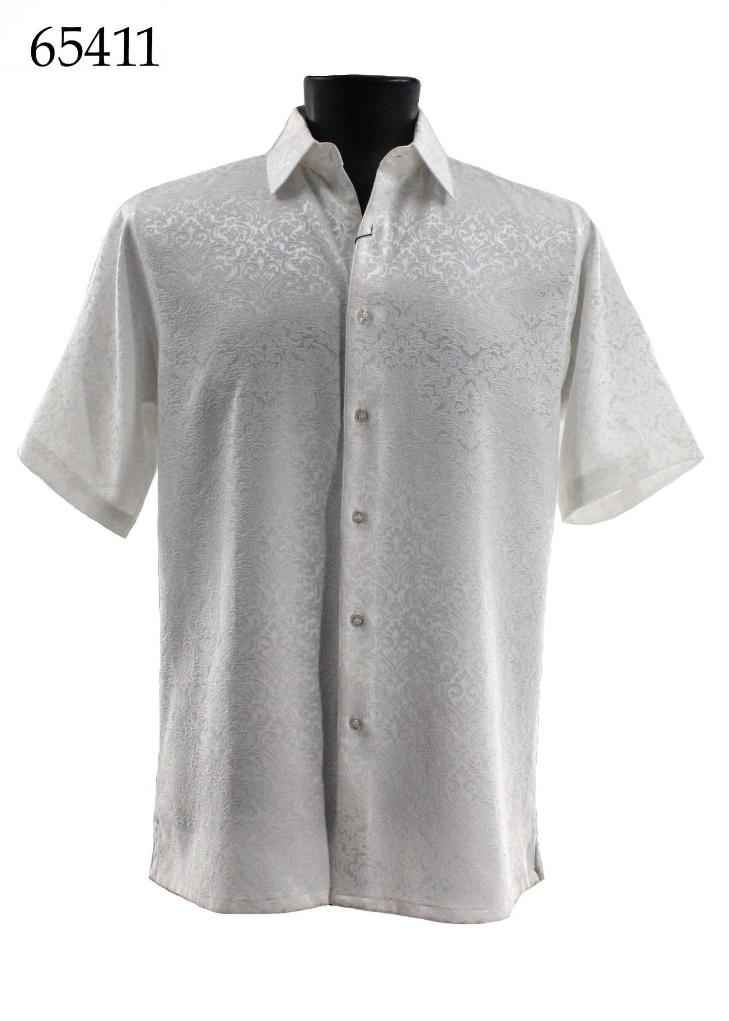 The Bassiri Short Sleeve Shirt 65411 is a white, regular-fit button-up with a subtle tone-on-tone floral pattern, shown on a black mannequin. The number 65411 appears in the top left corner. Brand: Bassiri.