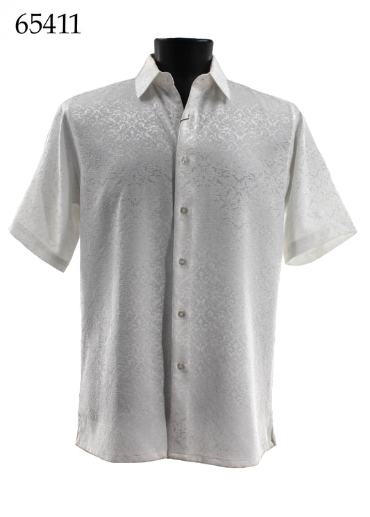 The Bassiri Short Sleeve Shirt 65411 is a white, regular-fit button-up with a subtle tone-on-tone floral pattern, shown on a black mannequin. The number 65411 appears in the top left corner. Brand: Bassiri.