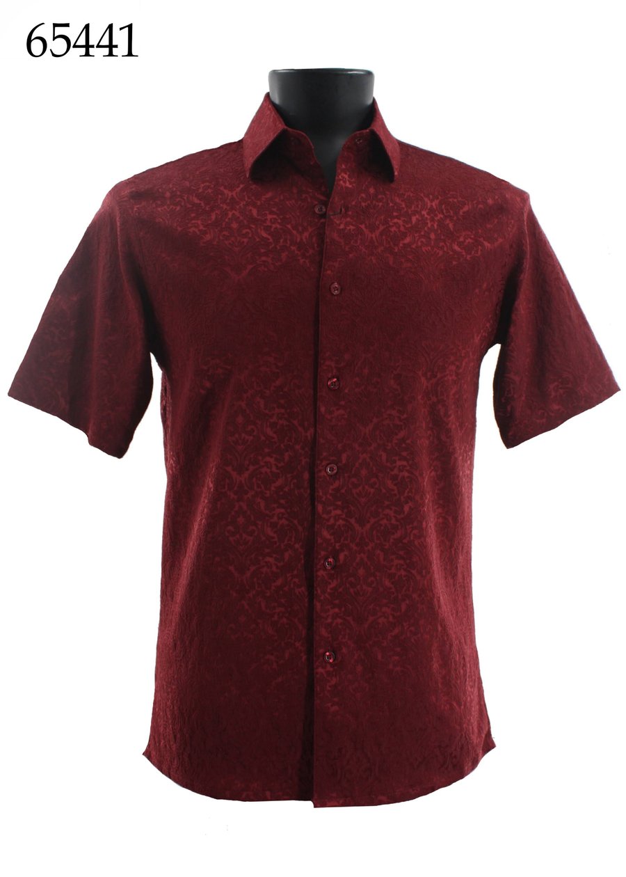 The Bassiri Short Sleeve Shirt 65441 by Bassiri is a maroon, regular fit button-up with a subtle tone-on-tone textured pattern, shown on a mannequin torso. The number 65441 appears in the top left corner.