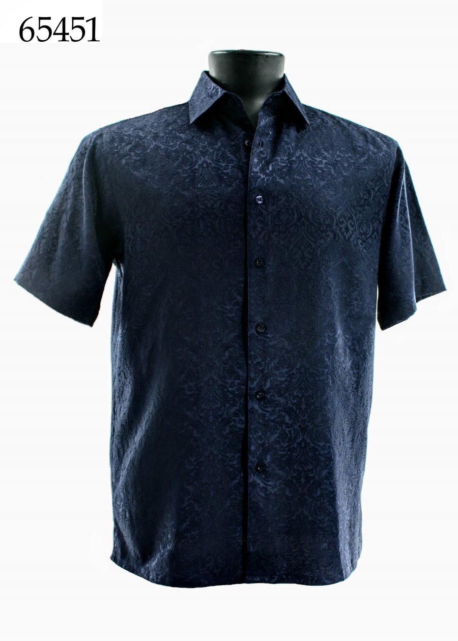 The Bassiri Short Sleeve Shirt 65451, a regular fit navy button-up with a tone-on-tone floral pattern, is shown on a black mannequin torso. "65451" is displayed in the upper left corner. Brand: Bassiri.