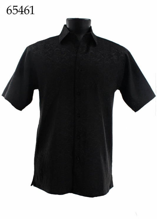 The Bassiri Short Sleeve Shirt 65461 by Bassiri is a regular-fit black button-up with a subtle tone-on-tone floral pattern, shown on a mannequin.