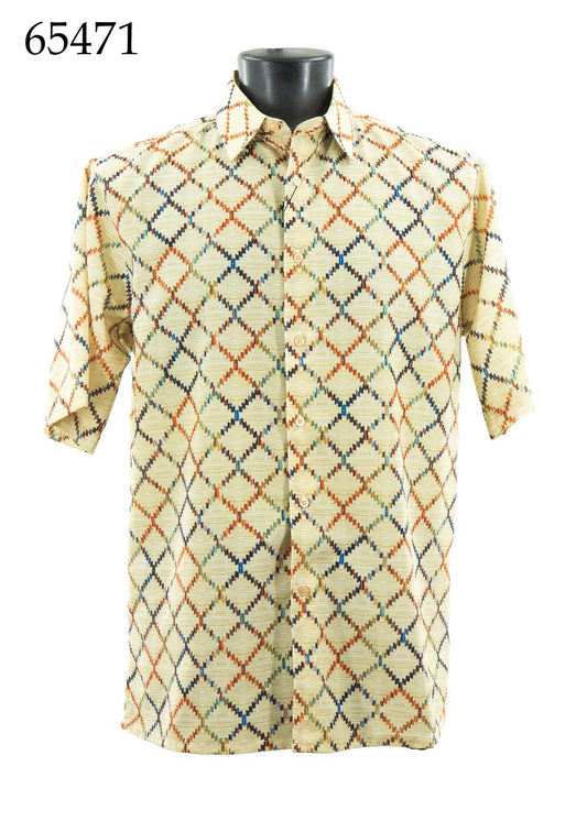 The Bassiri Short Sleeve Shirt 65471 by Bassiri features a beige base with red, blue, and black diamond patterns. Displayed on a mannequin torso, the item number 65471 appears in the upper left corner.