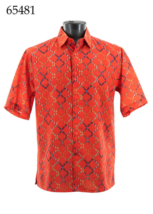 Bassiri Short Sleeve Shirt 65481 by Bassiri features a red geometric pattern and regular fit, displayed on a mannequin with the number 65481 in the top left corner.