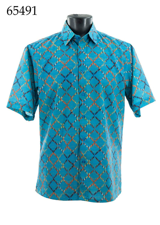 The Bassiri Short Sleeve Shirt 65491, a regular fit with blue geometric pattern, is displayed on a mannequin torso. The number 65491 is shown in the top left corner.
