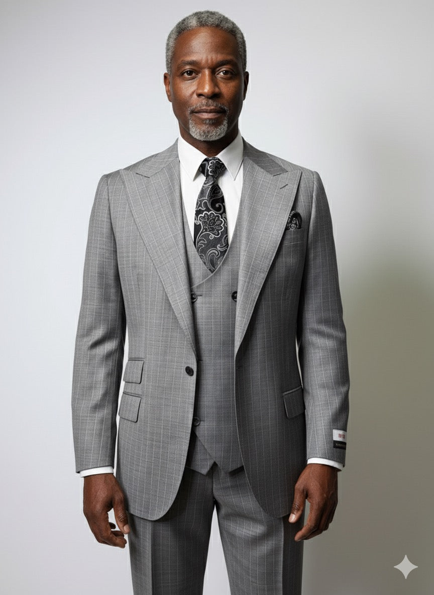 A mannequin wears the Tiglio Rosso Orvietto Grey Pinstripe Semi Wide Leg TL8012 suit with a matching vest, white dress shirt, and patterned tie, displayed against a plain background.