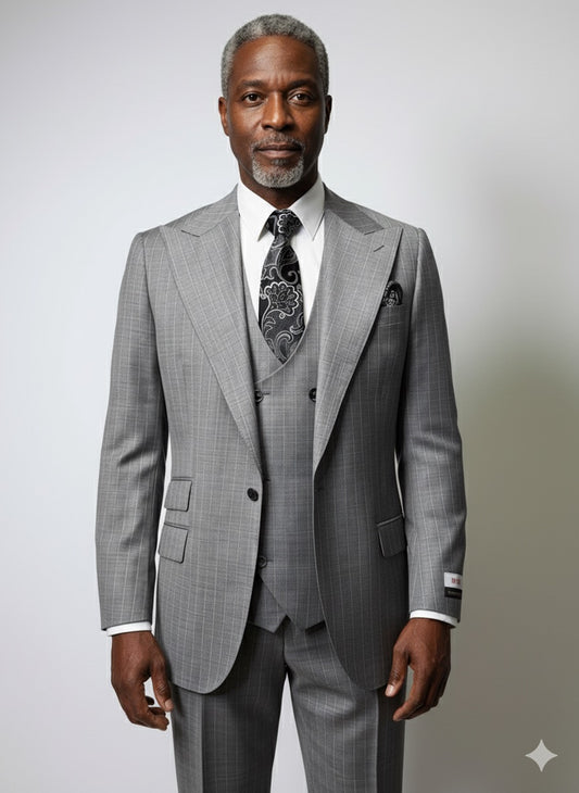 A mannequin wears the Tiglio Rosso Orvietto Grey Pinstripe Semi Wide Leg TL8012 suit with a matching vest, white dress shirt, and patterned tie, displayed against a plain background.