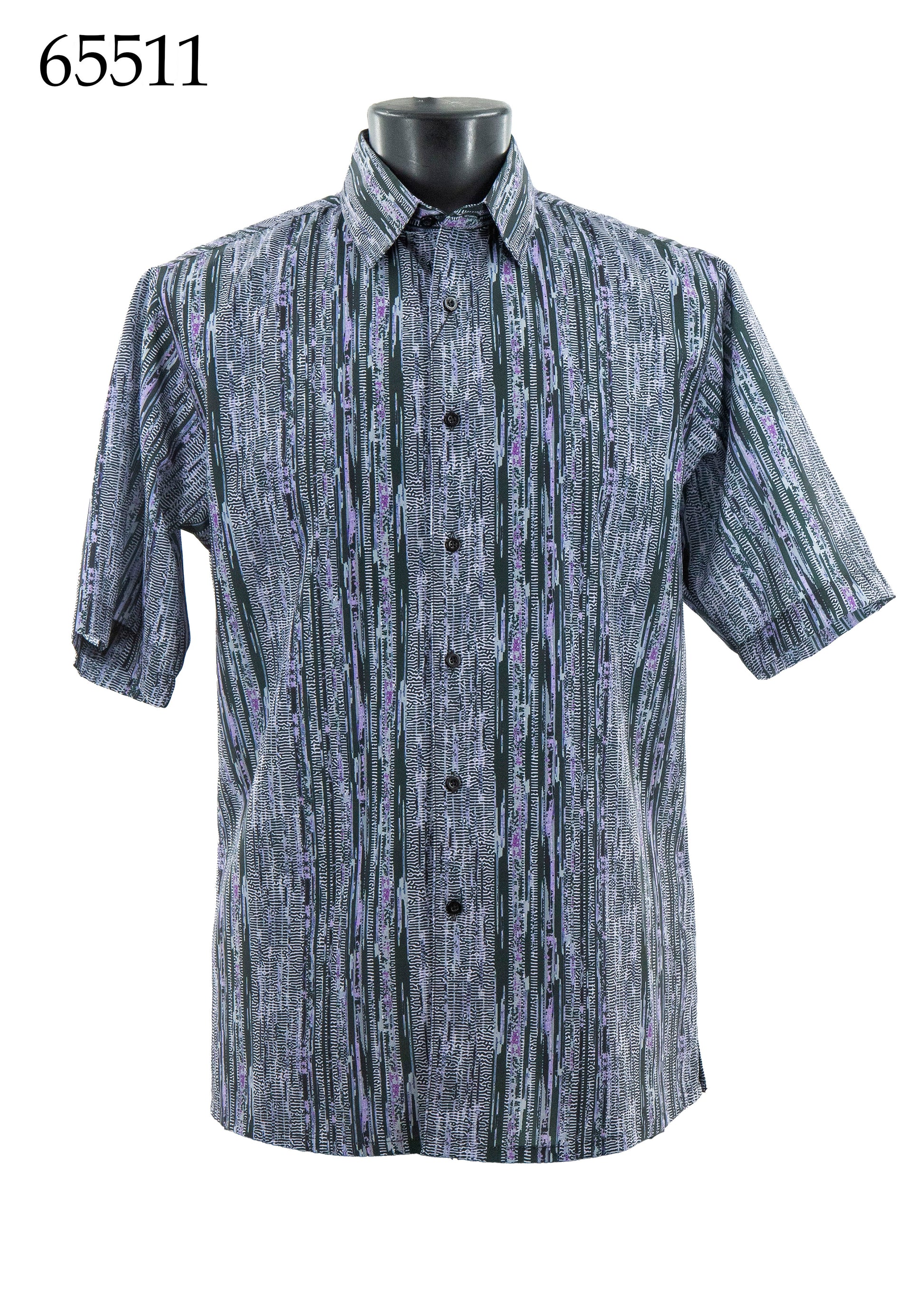 Bassiri Short Sleeve Shirt 65511 by Bassiri is a regular fit button-up with short sleeves and a vertical black, gray, and purple pattern, displayed on a mannequin. The number 65511 appears in the top left corner.