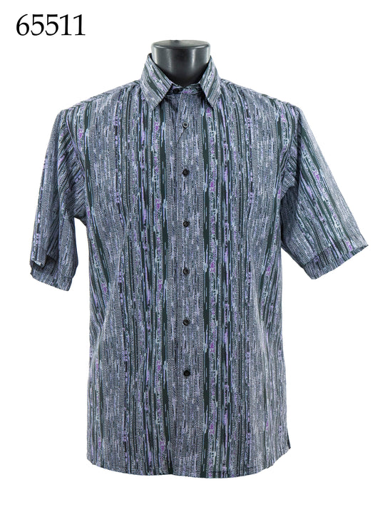 Bassiri Short Sleeve Shirt 65511 by Bassiri is a regular fit button-up with short sleeves and a vertical black, gray, and purple pattern, displayed on a mannequin. The number 65511 appears in the top left corner.
