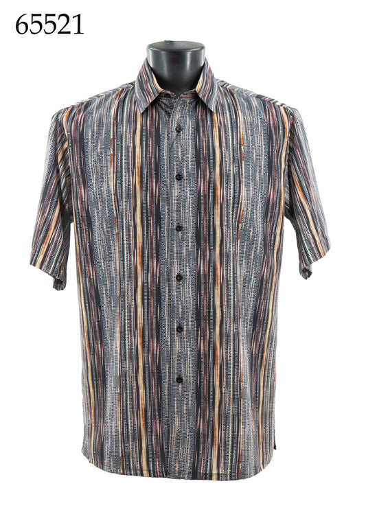 Bassiri Short Sleeve Shirt 65521 by Bassiri features a regular fit, button-up design, and vertical stripes in black, gray, tan, and red tones, shown on a black mannequin torso. Item number 65521 is displayed in the top left corner.