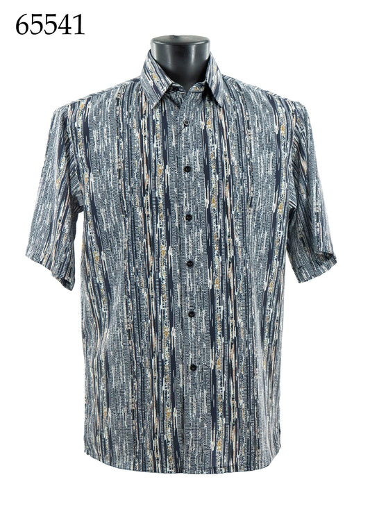 The Bassiri Short Sleeve Shirt 65541 by Bassiri features a regular fit and a vertical blue, black, and white pattern, shown on a black mannequin torso with "65541" in the top left corner.