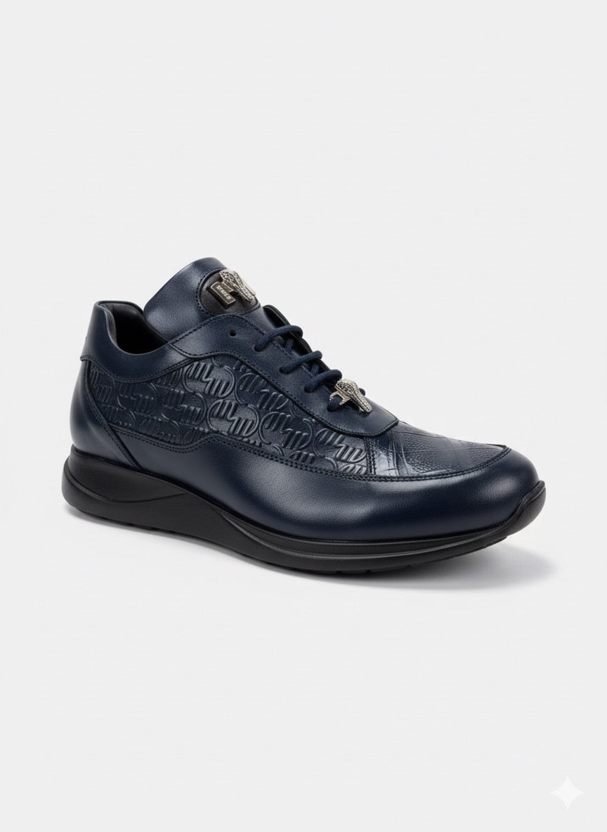 The Mauri 8900/2 Baby Croc / Calf Wonder Blue Shoes feature a navy crocodile texture, black sole, and lace-up closure, shown on a light background.
