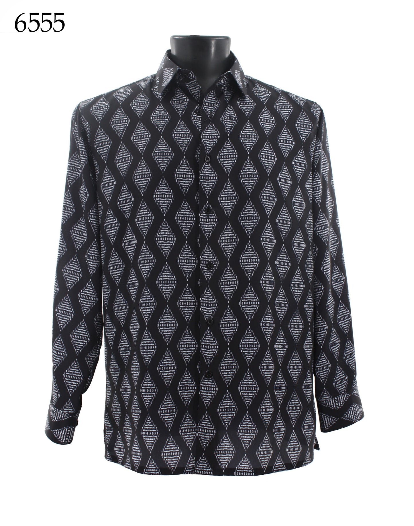 A black mannequin is styled in a Bassiri Long Sleeve Shirt 6555, featuring a regular fit and a geometric pattern of interlocking black and white diamond shapes.