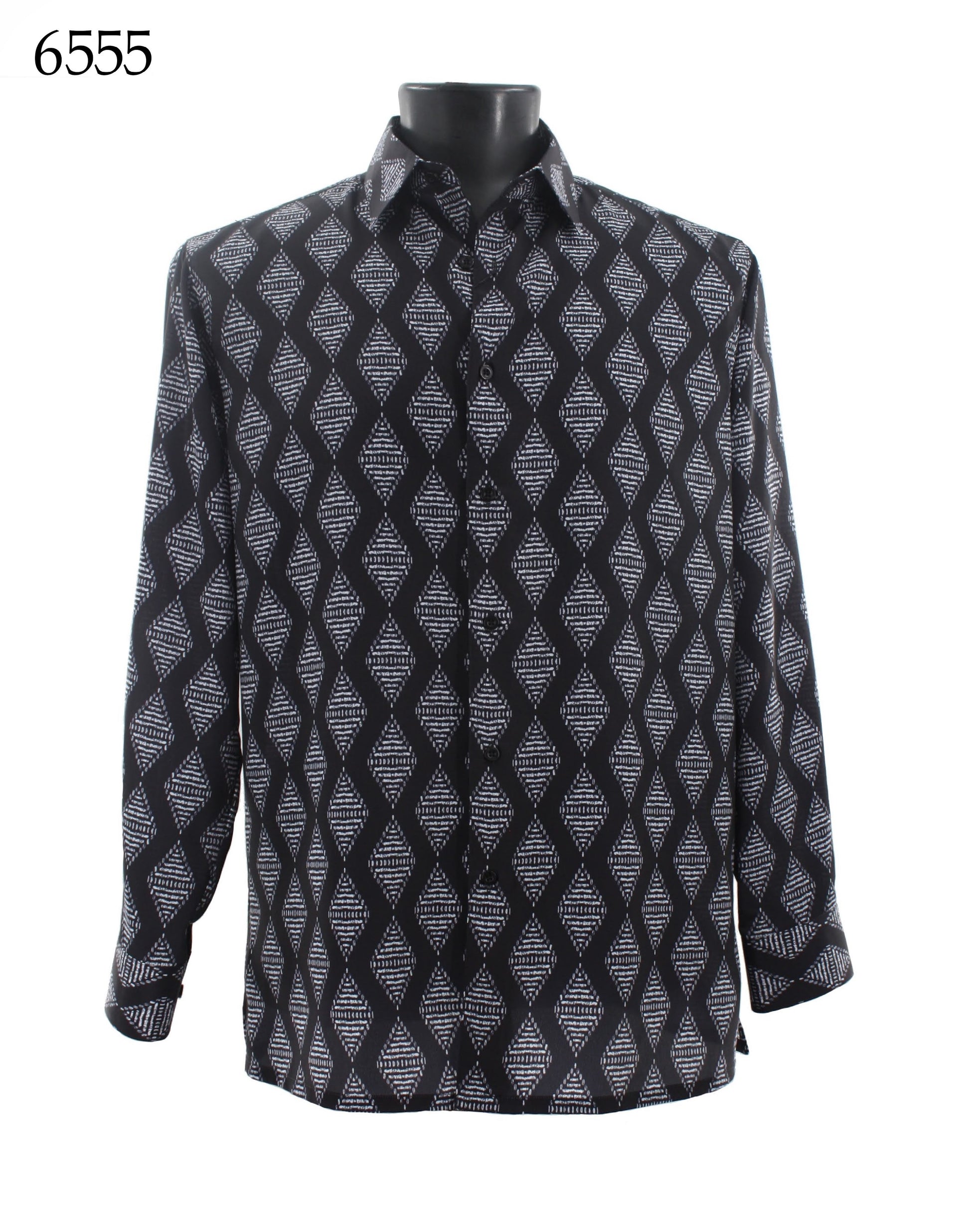 A black mannequin is styled in a Bassiri Long Sleeve Shirt 6555, featuring a regular fit and a geometric pattern of interlocking black and white diamond shapes.