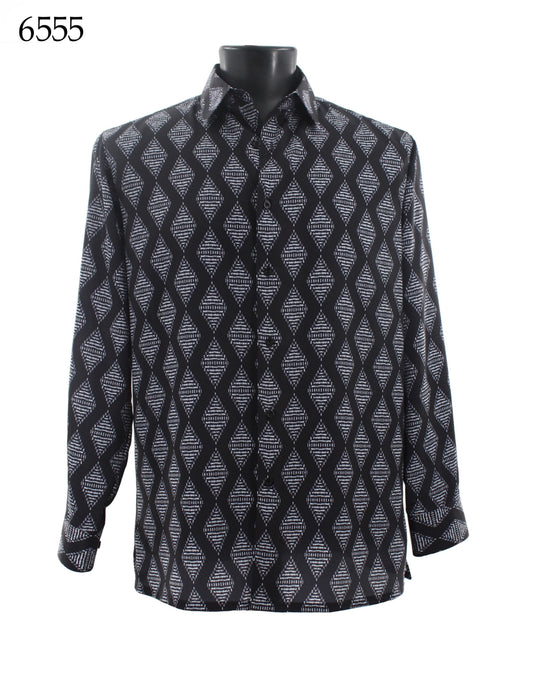 A black mannequin is styled in a Bassiri Long Sleeve Shirt 6555, featuring a regular fit and a geometric pattern of interlocking black and white diamond shapes.