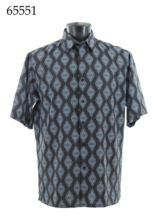 The Bassiri Short Sleeve Shirt 65551 by Bassiri features a regular fit and a black and white geometric diamond pattern, shown on a mannequin with the number 65551 in the top left corner.