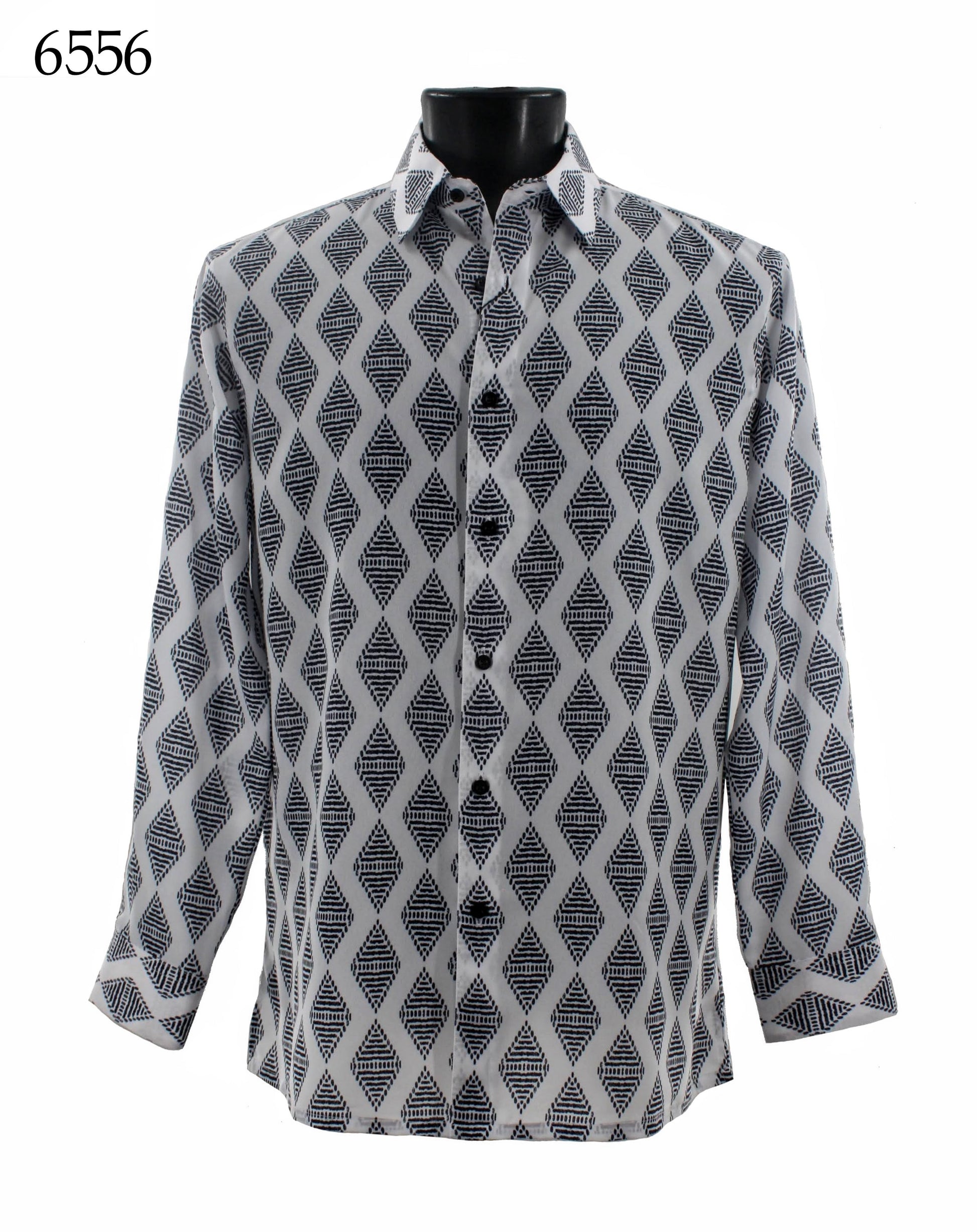 Displayed on a black mannequin, the Bassiri Long Sleeve Shirt 6556 by Bassiri features a men's regular-fit button-up style with a black and white diamond pattern design.