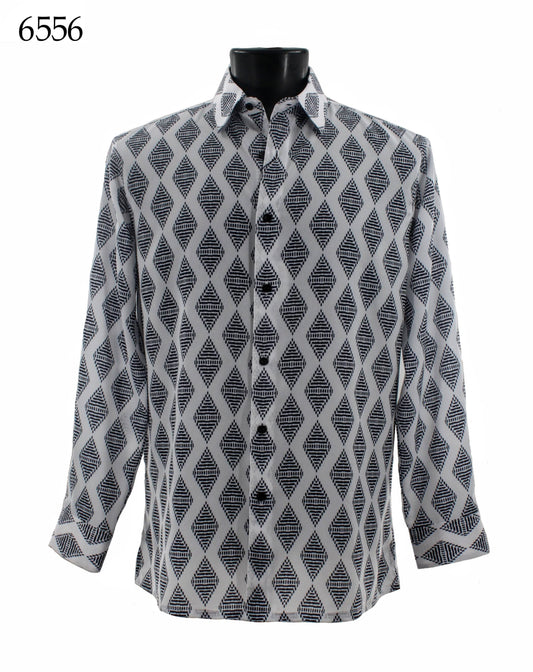 Displayed on a black mannequin, the Bassiri Long Sleeve Shirt 6556 by Bassiri features a men's regular-fit button-up style with a black and white diamond pattern design.