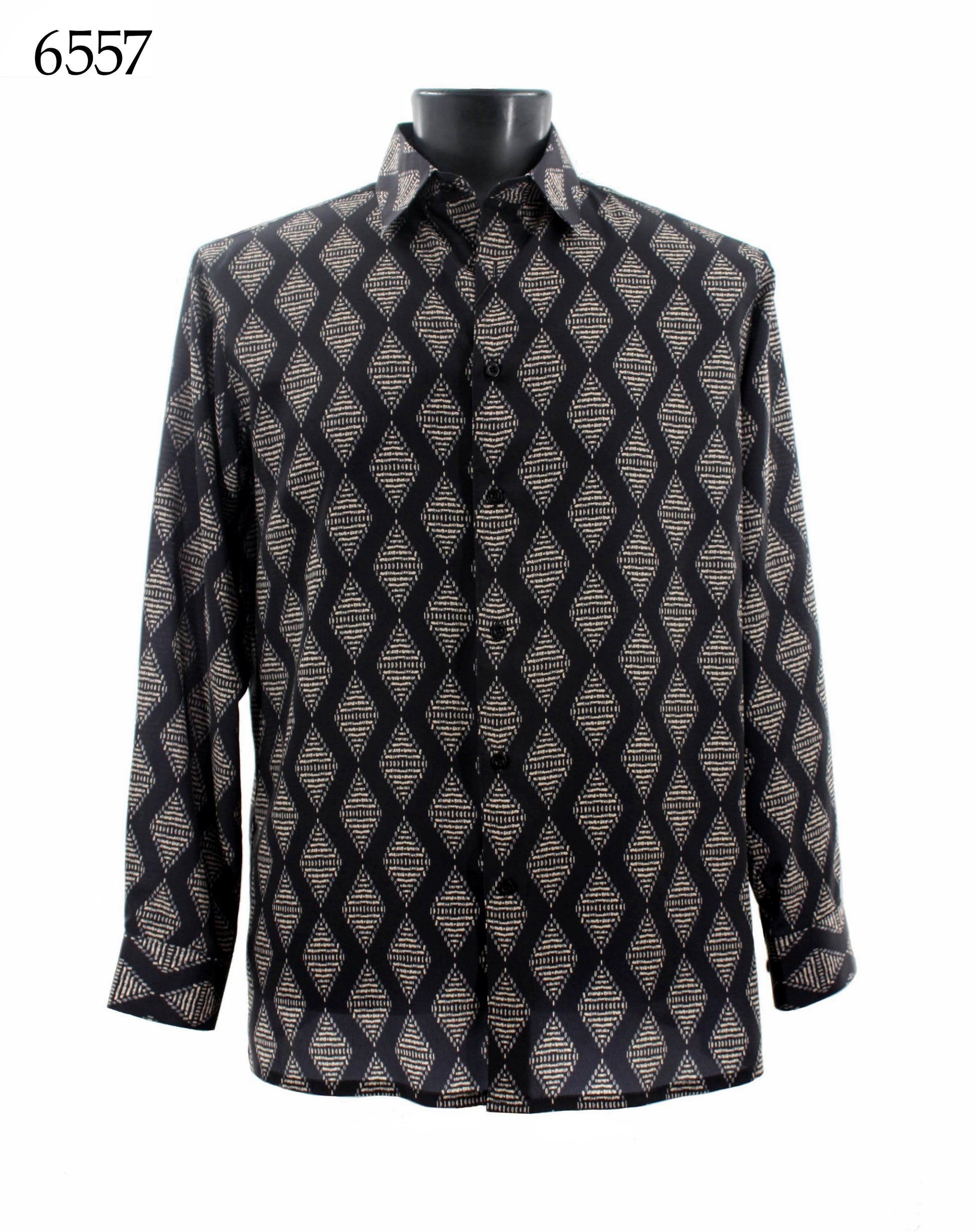 A black mannequin displays a Bassiri Long Sleeve Shirt 6557, featuring a regular fit and long sleeves with a geometric diamond pattern in black and beige.