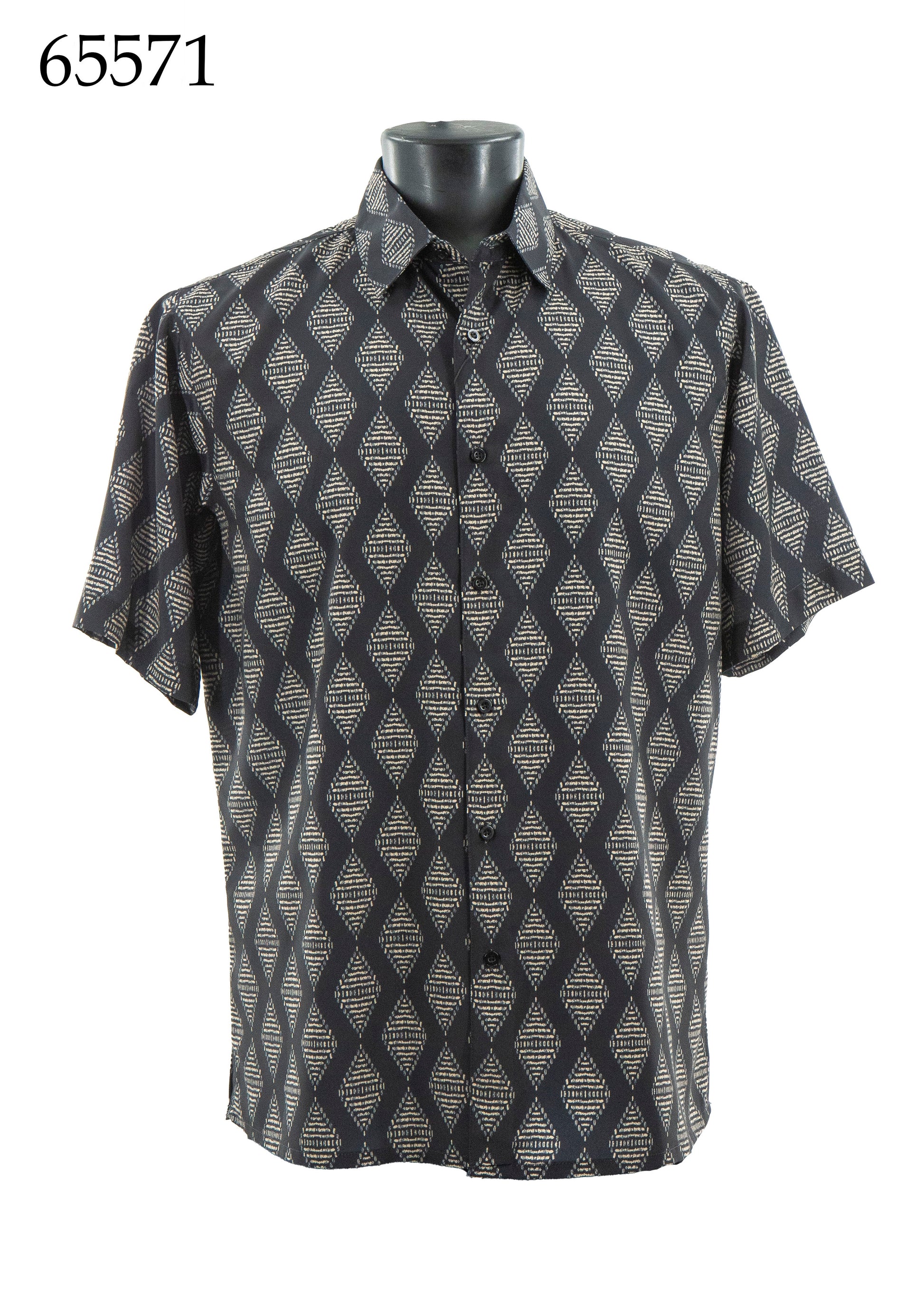 The Bassiri Short Sleeve Shirt 65571 by Bassiri features a regular fit, button-up design with a black and beige geometric diamond pattern, shown on a mannequin. The number 65571 is displayed in the top left corner.