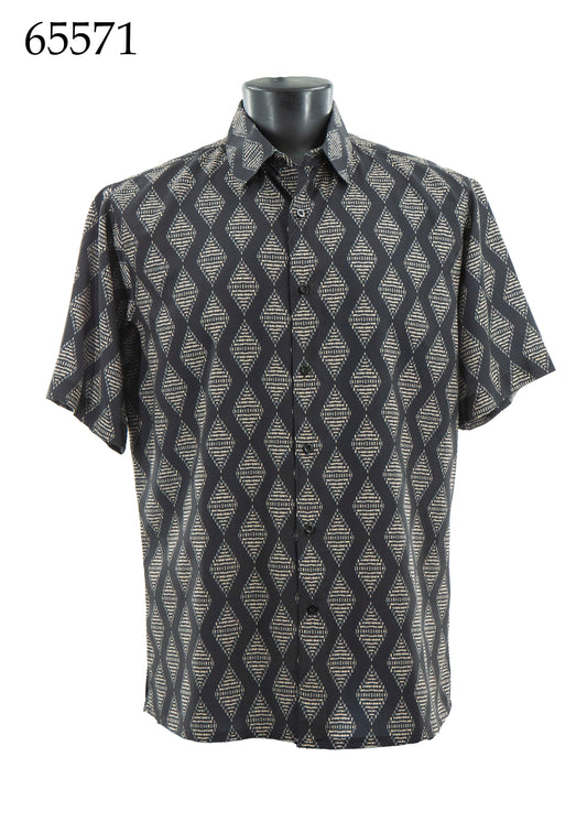 The Bassiri Short Sleeve Shirt 65571 by Bassiri features a regular fit, button-up design with a black and beige geometric diamond pattern, shown on a mannequin. The number 65571 is displayed in the top left corner.
