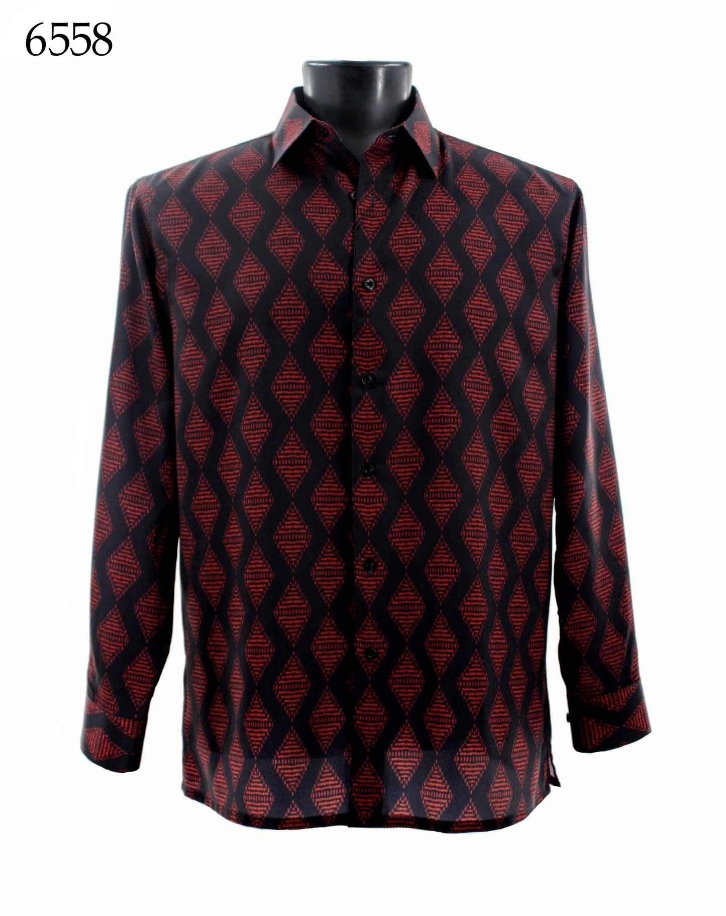 A mannequin displays the Bassiri Long Sleeve Shirt 6558, a regular fit button-up featuring a black and red diamond pattern.