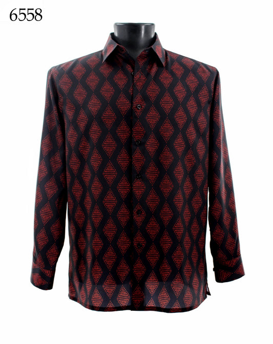 A mannequin displays the Bassiri Long Sleeve Shirt 6558, a regular fit button-up featuring a black and red diamond pattern.