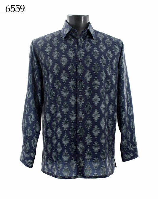 The Bassiri Long Sleeve Shirt 6559 by Bassiri is a regular fit, button-up shirt with a geometric diamond pattern in dark and light blue shades, showcased on a black mannequin torso.