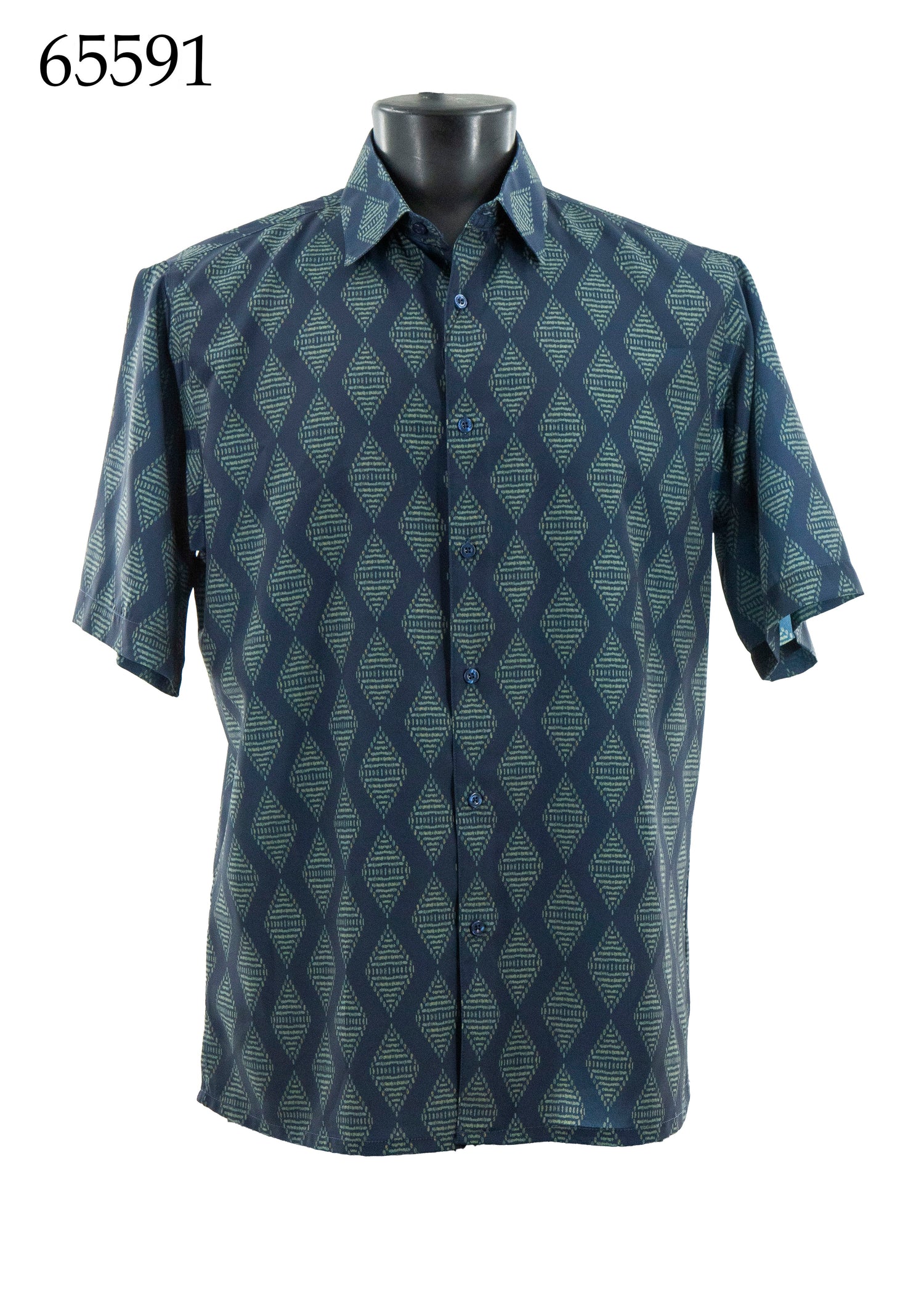 The Bassiri Short Sleeve Shirt 65591 by Bassiri features a blue and green geometric diamond pattern and a regular fit, shown on a mannequin. The number 65591 is visible in the top left corner.