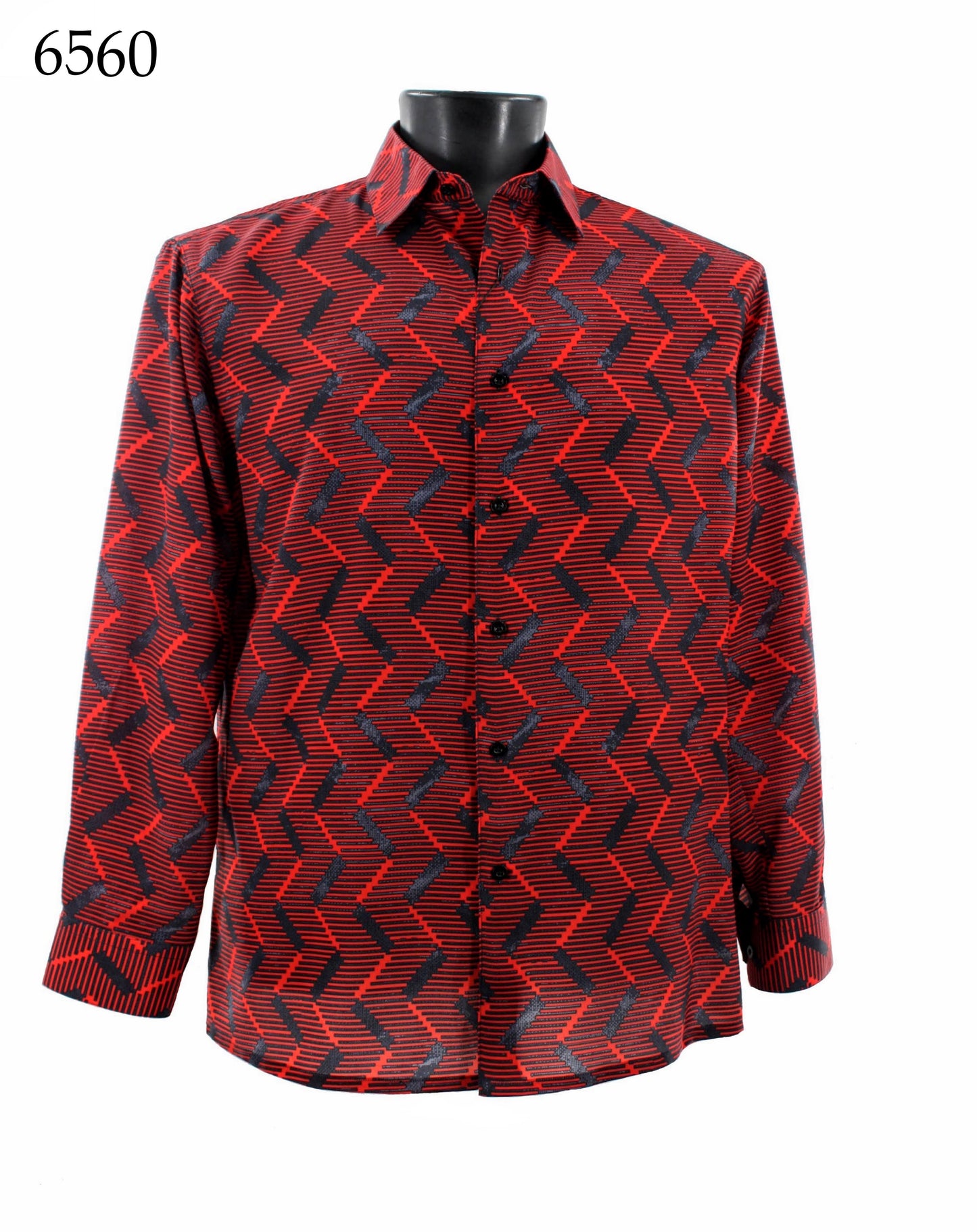 Showcased on a mannequin, the Bassiri Long Sleeve Shirt 6560 by Bassiri features a classic red and black pattern in a regular fit for timeless style.