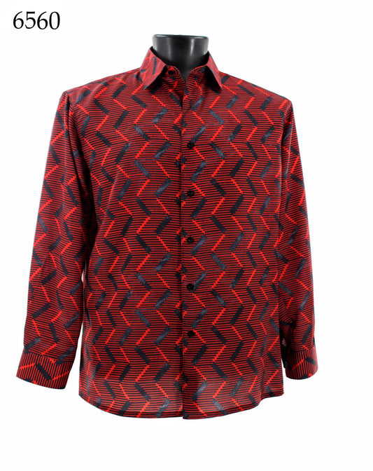 Showcased on a mannequin, the Bassiri Long Sleeve Shirt 6560 by Bassiri features a classic red and black pattern in a regular fit for timeless style.
